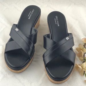 Cole Haan Grand O’s Black Leather Sandals Slides